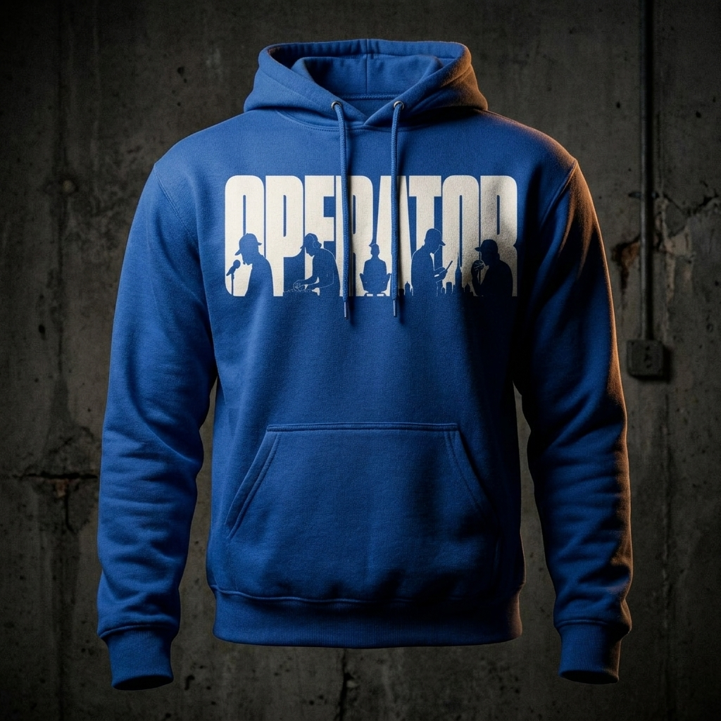Operator hoodie in Royal — premium studio shot on dark concrete