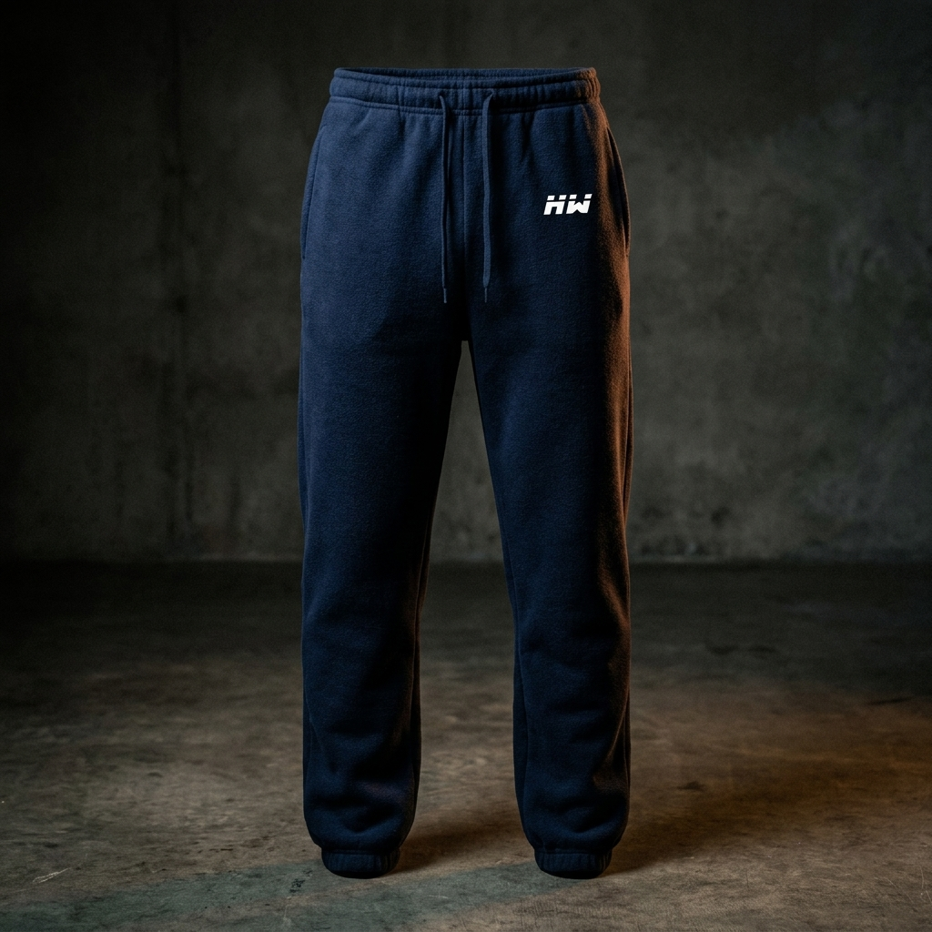 HEAVEYWEIGHT fleece sweats in Navy — premium studio shot on dark concrete