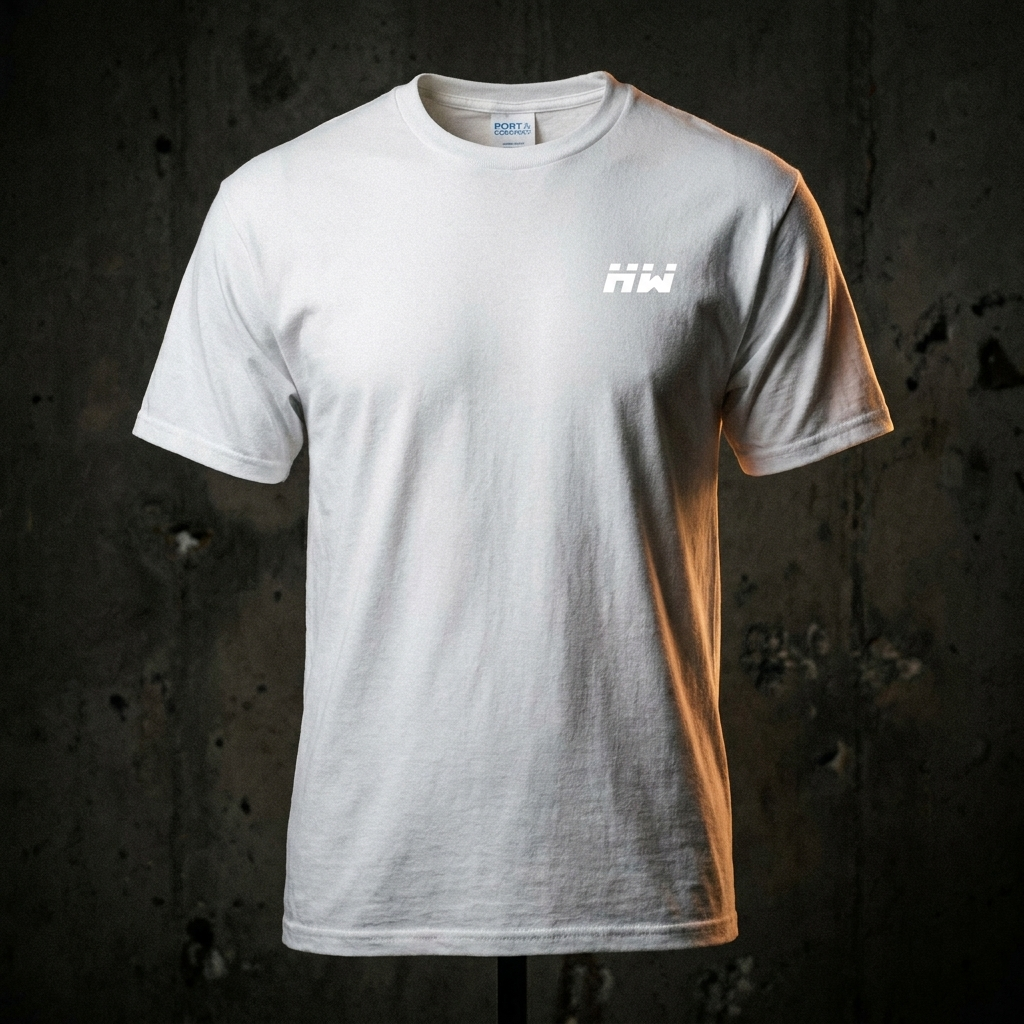 HEAVEYWEIGHT tall tee in White — premium studio shot on dark concrete