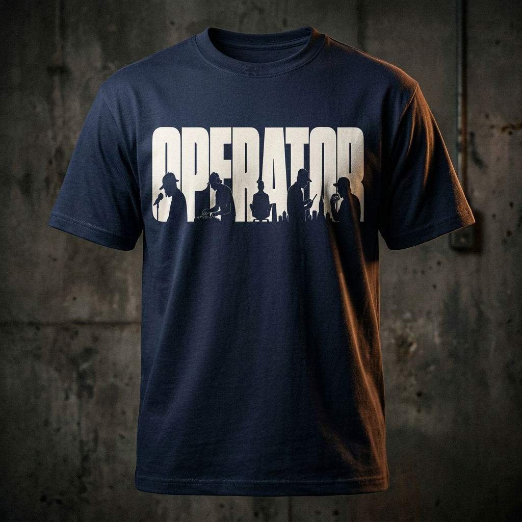Operator tall tee in Navy — premium studio shot on dark concrete