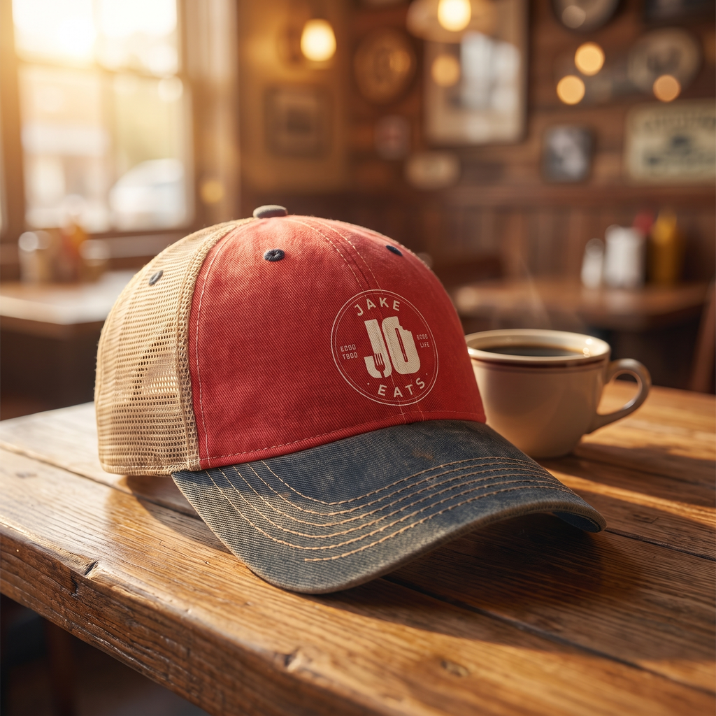 Jake Eats vintage trucker cap on a rustic diner table, warm lifestyle product shot