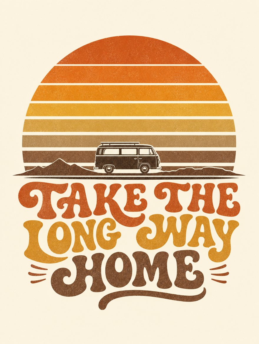 Take the Long Way Home retro 70s sunset artwork with vintage van — close-up of the back print design