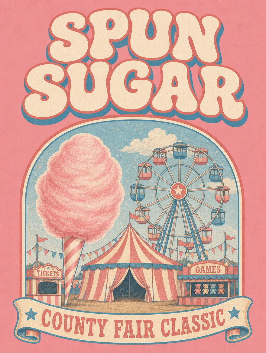 Spun Sugar retro county fair artwork with cotton candy, circus tent, and ferris wheel — close-up of the back print design