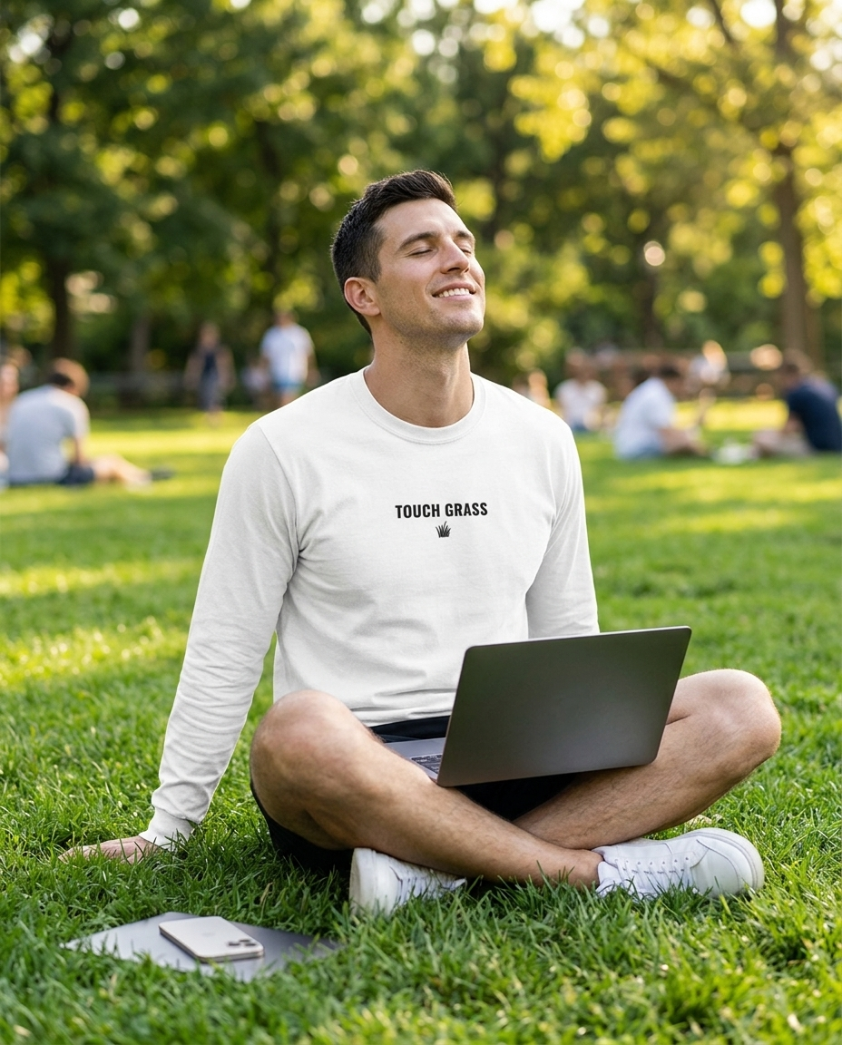 Man sitting on a sunny park lawn with his laptop closed wearing the Touch Grass white long sleeve tee