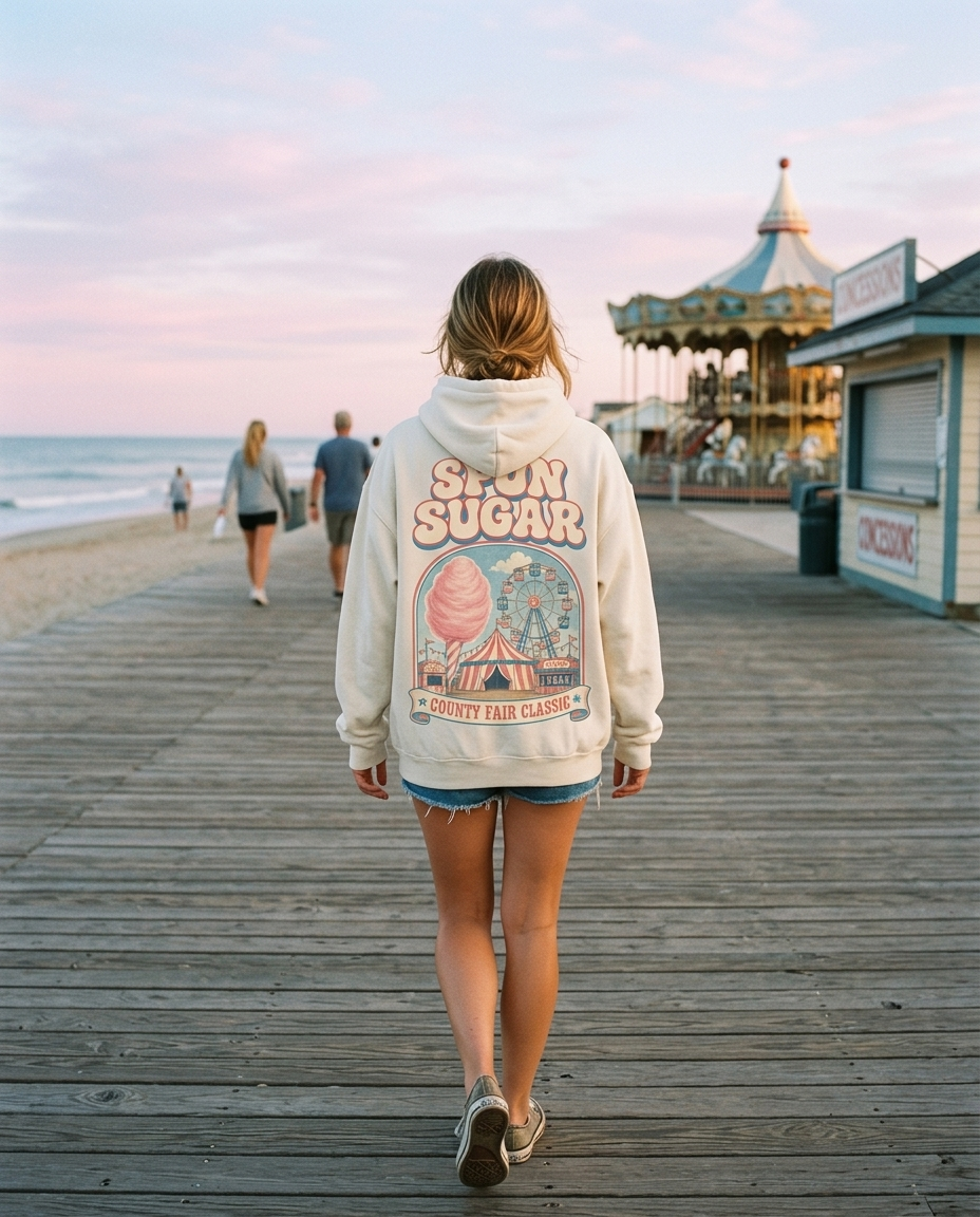 Woman walking down a beach boardwalk at sunrise wearing the Spun Sugar white hoodie with retro county fair back print