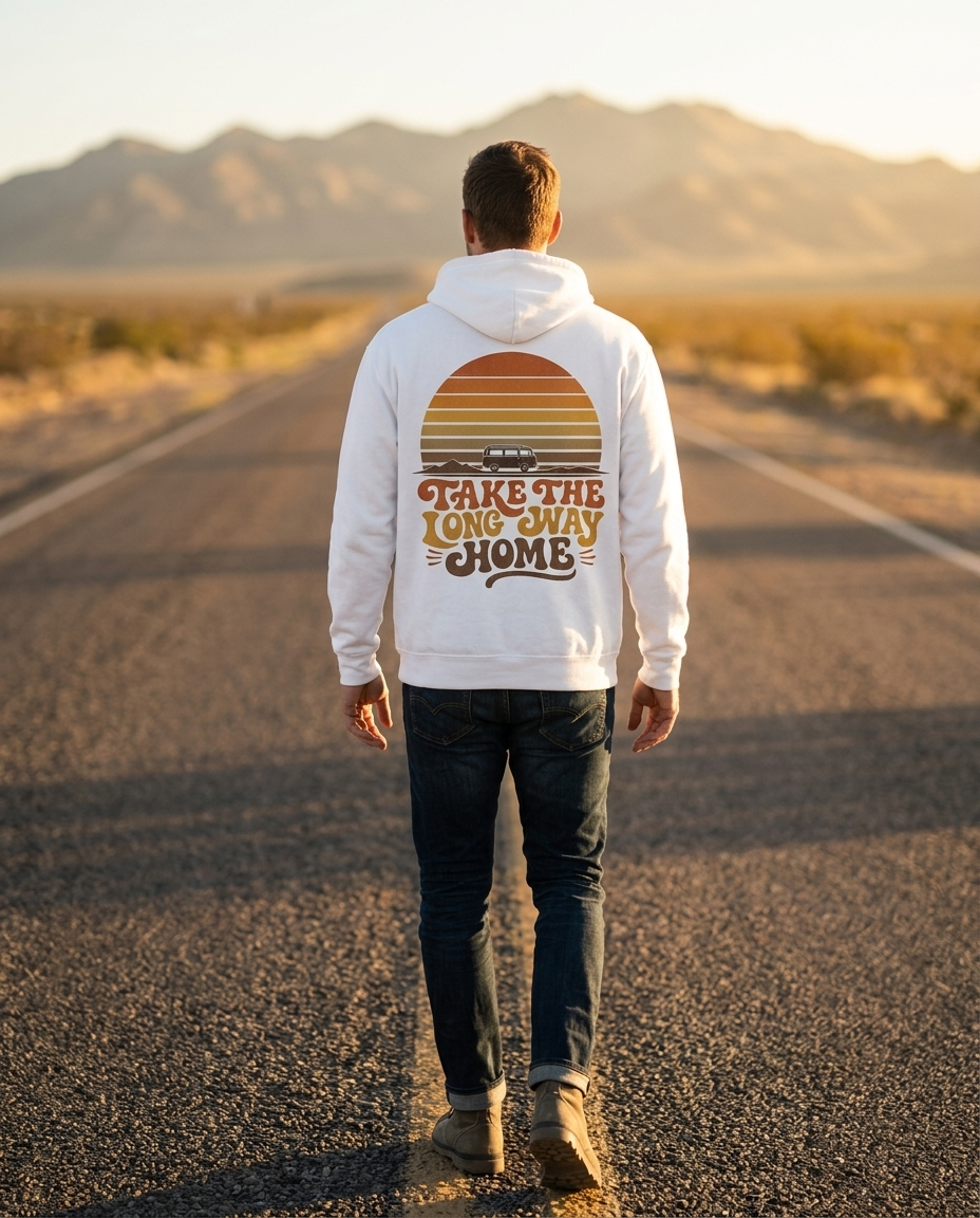 Man walking down a desert highway at golden hour wearing the Take the Long Way Home white hoodie with retro sunset back print