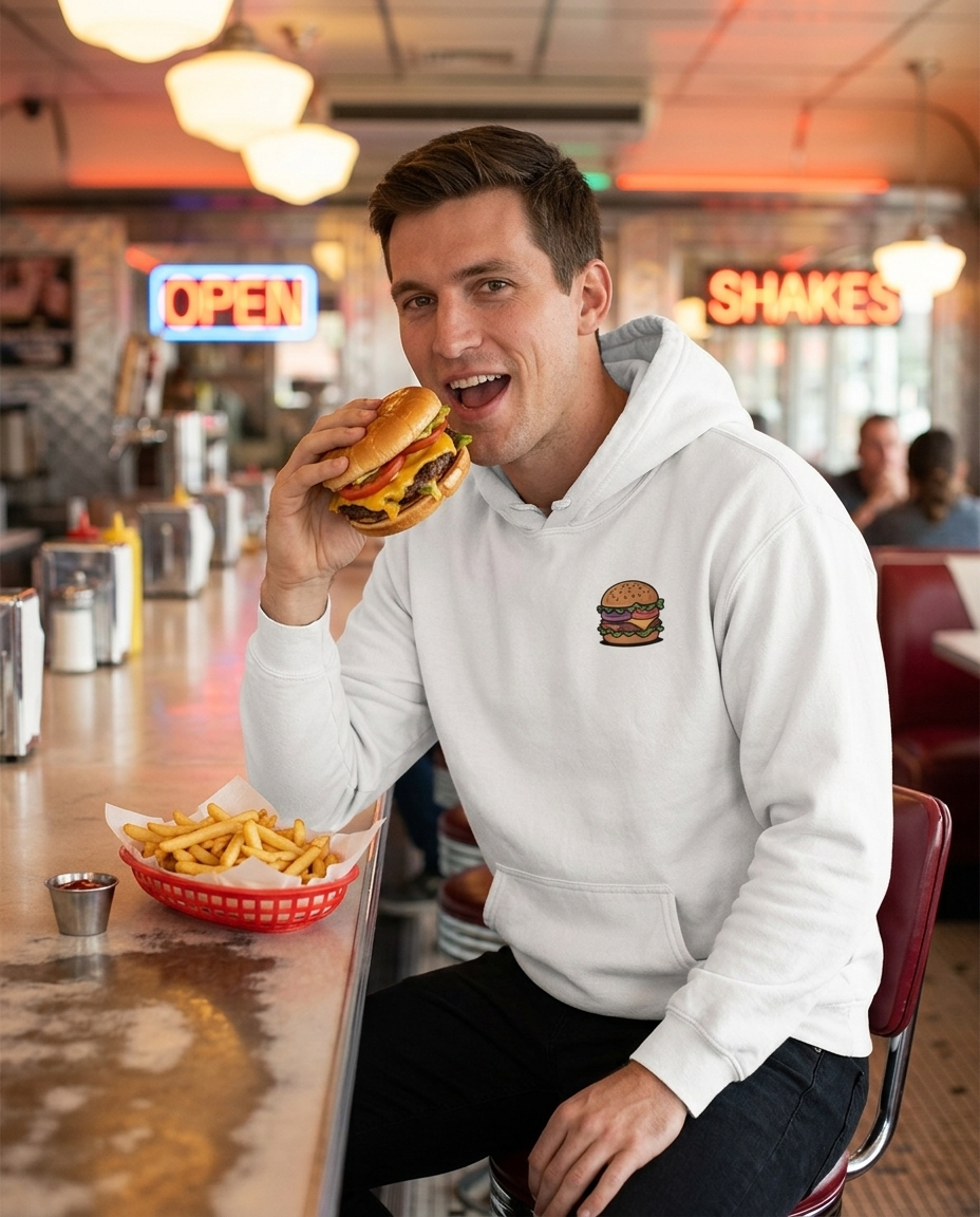 Man eating a cheeseburger at a retro diner counter wearing the I Wanna Burger white hoodie with cartoon burger chest print